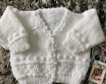 White Hand Knitted Baby Cardigan, Baby Sweater, Baby Jumper