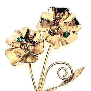 Coro Rhinestone & Sterling Craft Silver Vermeil Gold Double Flower Brooch Pin Classic MCM Vintage Designer Fashion Jewelry Gift for Her
