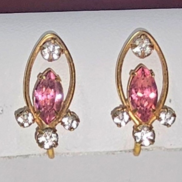 De Curtis Pink Rhinestone Gold Tone Screw Back Earrings