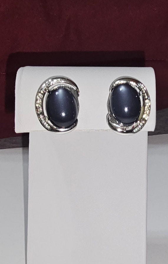 Dark Blue Moonstone and Rhinestones Clip On Earrin