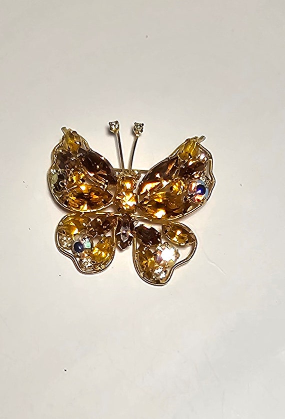 La Roco Butterfly Brooch Pin Amber Rhinestones Sig