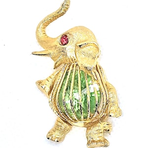 Joseph Warner Belly Elephant Green Rhinestone Pin Brooch Whimsical Vintage Designer Costume Fashion Jewelry Gift for Her