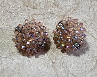 West Germany Pink Crystal Clip On Earrings Mid Century Modern