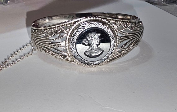 Cameo Silver Tone Filigree Bracelet with Safety C… - image 1