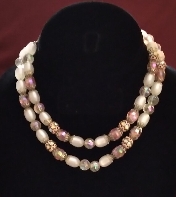 Hobe 2 Strand Iridescent Pink White Glass Beads Ne