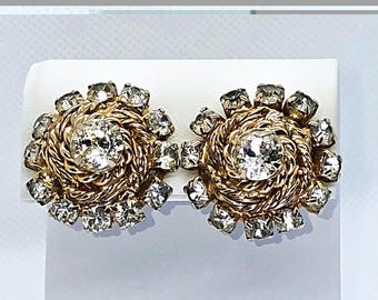 Hattie Carnegie Gold Tone Sunburst Rhinestone Clip On Earrings Lavish Sparkle Vintage Designer Fashion Collectable Jewelry Gift for Her