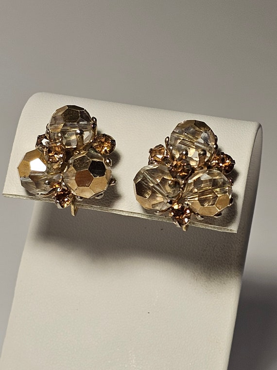 Vogue Tan Crystal Beaded Clip On Earrings Vintage… - image 2