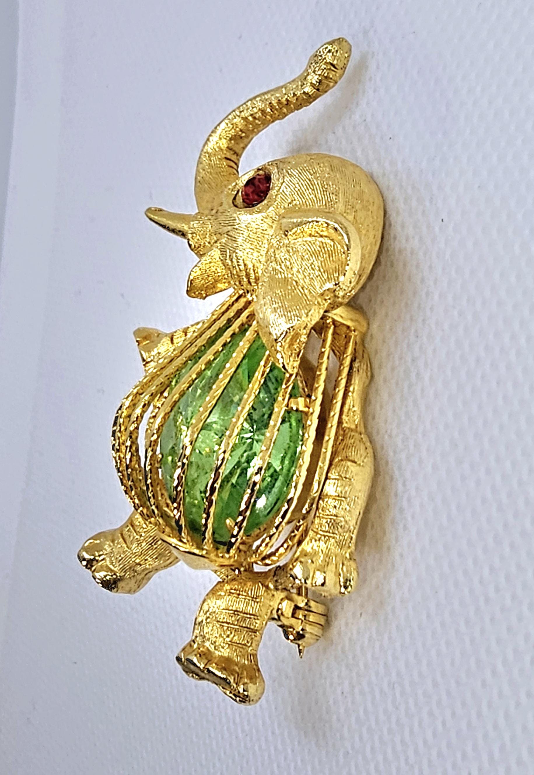 Joseph Warner Belly Elephant Green Rhinestone Pin Brooch Whimsical ...