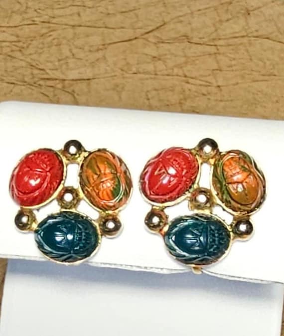 Multicolored Scarab Screw Back Earrings Mid Centur