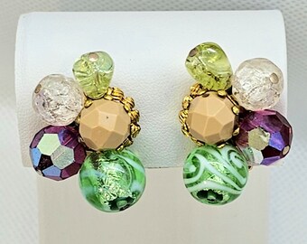 Hattie Carnegie Aurora Borealis Whimsical Confetti Cluster Clip On Earrings Vintage Designer Costume  Collectable Jewelry Gift for Her