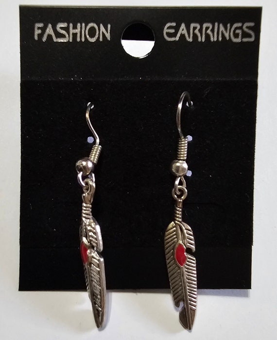 Silver Tone Red Feather Pierced Earrings - image 1