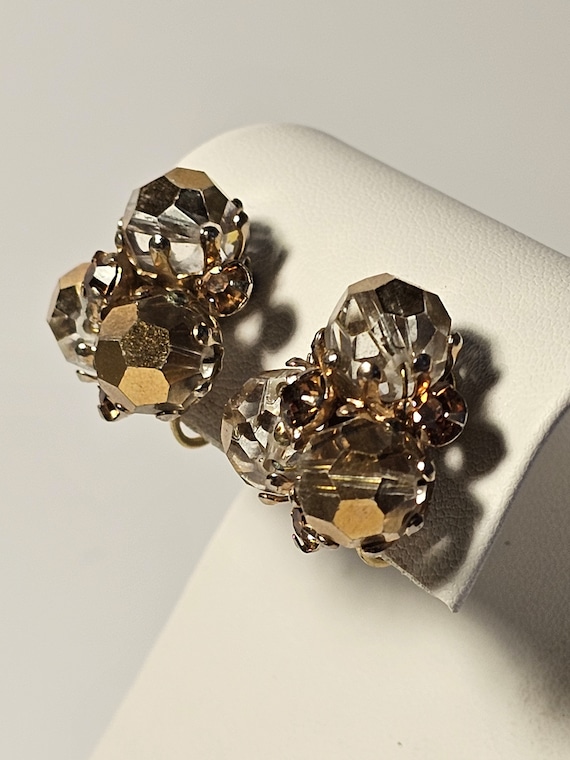 Vogue Tan Crystal Beaded Clip On Earrings Vintage… - image 1