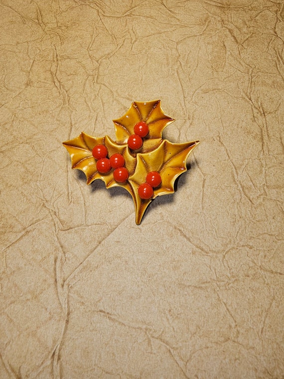 Celluloid Holly and Berries Christmas Pin Brooch - image 1