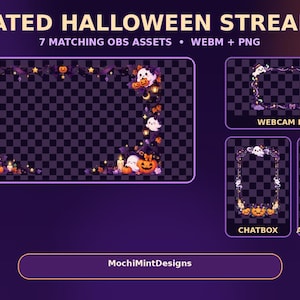 以下が含まれることがあります： ハロウィーンのアニメーションストリームセット。WEBMおよびPNG形式の7つのOBSアセットが含まれています。白い幽霊、オレンジ色のカボチャ、キャンドル、紫色のアクセントで装飾された大きなオーバーレイ、ウェブカメラフレーム、チャットボックス、アラートバナーで構成されています。