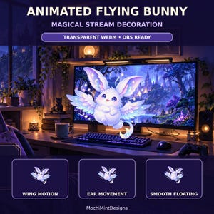 Op de afbeelding: Geanimeerde vliegende konijn stream decoratie met een wit wezen met vleugels en een halve maan staart. De tekst bevat ANIMATED FLYING BUNNY, MAGICAL STREAM DECORATION, TRANSPARENT WEBM, OBS READY, WING MOTION, EAR MOVEMENT en SMOOTH FLOATING.