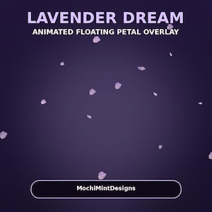 Op de afbeelding: Een digitale afbeelding getiteld LAVENDER DREAM ANIMATED FLOATING PETAL OVERLAY met kleine lichtpaarse bloemblaadjes verspreid over een donkerpaarse gradiëntachtergrond met de tekst MochiMintDesigns in een afgeronde rechthoekige knop.