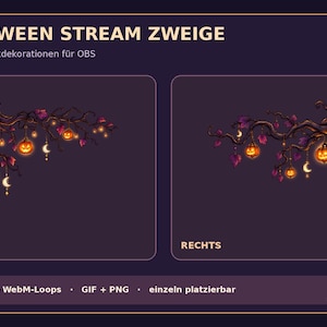 Op de afbeelding: Twee geanimeerde hoekdecoraties voor OBS met de tekst HALLOWEEN STREAM ZWEIGE, 2 animierte Eckdekorationen für OBS, LINKS en RECHTS. De afbeeldingen tonen donkerbruine boomtakken met paarse bladeren, gloeiende oranje pompoenen en halve manen.