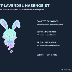 Könnte beinhalten: Eine digitale Grafik mit einem mint- und lavendelfarbenen Geisterhasen mit großen Augen und einem wirbelnden Schweif. Der Text lautet MINT-LAVENDEL HASENGEIST, SANFTES SCHWEBEN, WIPPENDE OHREN, FREI PLATZIERBAR sowie WEBM + GIF + PNG auf dunkelblauem Grund.