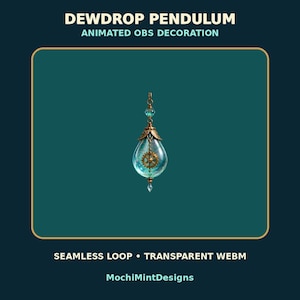 Könnte beinhalten: Eine animierte OBS-Dekoration Dewdrop Pendulum mit einem durchscheinenden, hellblauen tropfenförmigen Anhänger, der ein metallisches bronzefarbenes Zahnrad enthält, gekrönt von Bronzeblättern und einer kleinen blauen Perle, beschriftet mit DEWDROP PENDULUM und MochiMintDesigns.