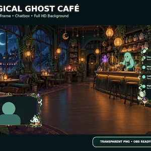 Könnte beinhalten: Ein digitales Overlay-Set mit dem Titel MAGICAL GHOST CAFÉ, bestehend aus einem Webcam-Rahmen, einer Chatbox und einem Full-HD-Hintergrund. Die Szene zeigt ein dunkles, gemütliches Café-Interieur mit leuchtenden Laternen und einem Geister-Barista.