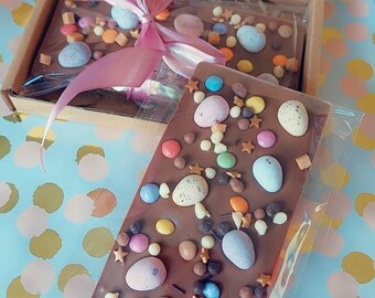 Happy Easter Handmade Milk Chocolate with Cadbury Mini eggs and smarties / Zillionare sprinkles / Easter holidays / Letterbox gift