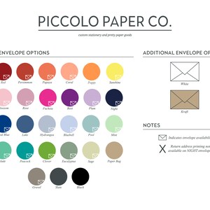 May include: A color chart for stationery and paper goods, featuring a variety of ink and envelope options. The chart includes color swatches in shades like red, pink, blue, and green, with text labels for each color. Additional envelope options are shown in white and kraft.