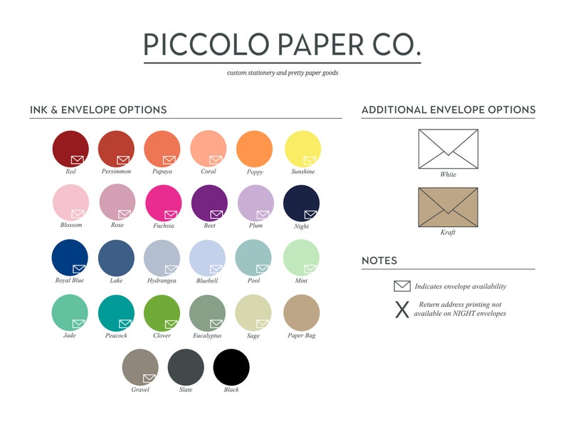 May include: A color chart for stationery and paper goods, featuring a variety of ink and envelope options. The chart includes color swatches in shades like red, pink, blue, and green, with text labels for each color. Additional envelope options are shown in white and kraft.