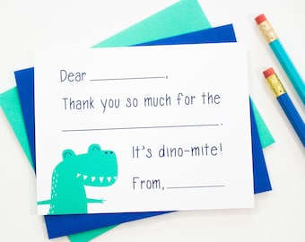 Kid's Thank You Notes | Boys Thank You Notes | Fill in the Blank Thank You Notes | Dino Note Cards | Dinosaur Note Cards | Dino Birthday