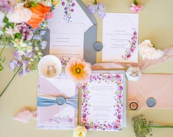 Whimsical Floral Invitation, Bright Floral Invitations, Whimical Wedding Stationery Set