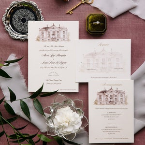 Rustic Wedding Invitation, Venue Illustration Invitation, Italy-Theme Wedding Invitation, Villa Drawing Wedding Invitation