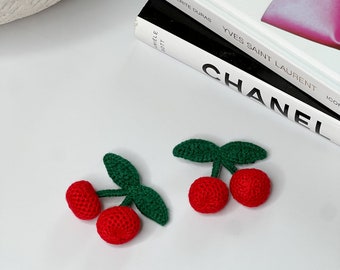 SHIPS FAST Crochet Cherry Clips Set Red Cherry Hair Clips Pigtail Cherry Clips Knit Cherry clips Tiny Hair Clips Crochet Fruit Clips