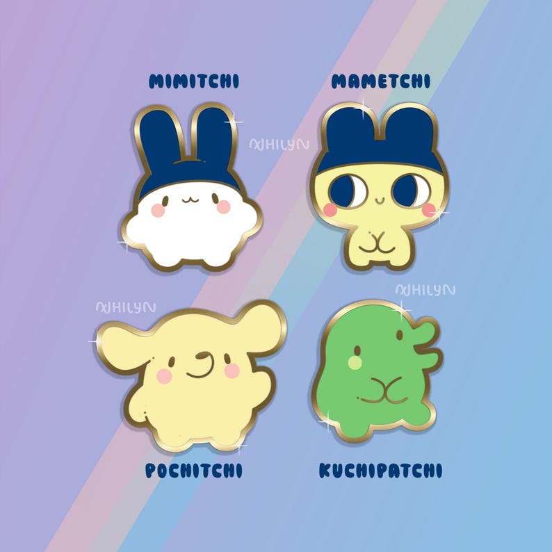May include: Four enamel pins featuring cartoon characters with gold-toned outlines. Top left is MIMITCHI, a white creature with dark blue ears. Top right is MAMETCHI, a yellow creature with dark blue ears. Bottom left is POCHITCHI, a yellow dog-like figure. Bottom right is KUCHIPATCHI, a green blob-like character.