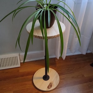 Round Side Table, 10-Inch Solid Pine Top With Metal Pipe Stand