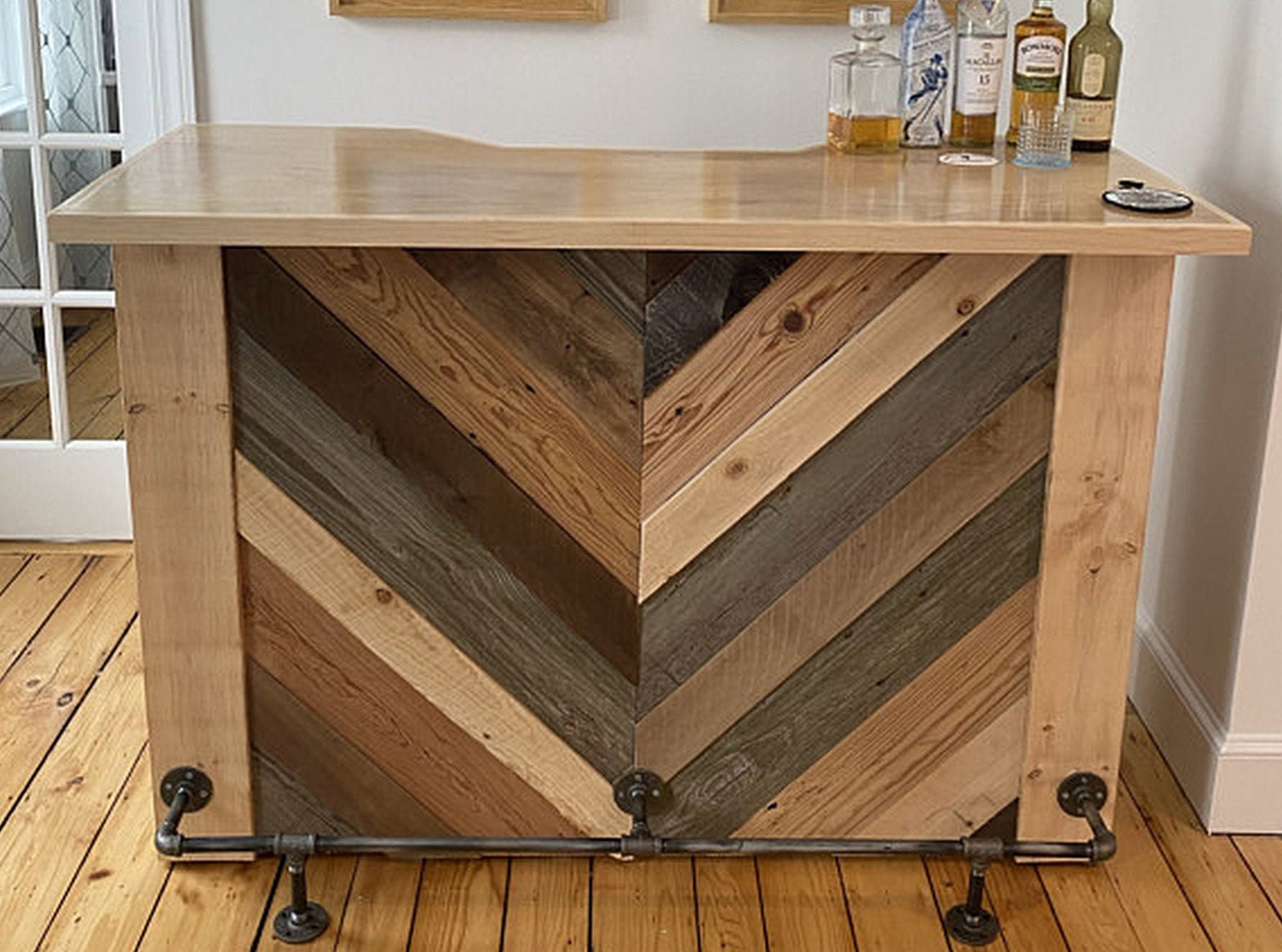 Reclaimed Wood Home Bar With Shelf, Foot Rest, Chevron, Rustic