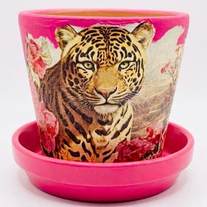 Leopard Graced by Pink Peonies Hand-Painted Decoupage Terra cotta Planter: Indoor Decor