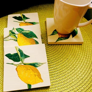 Lemon coasters set of 4 hand-crafted wooden square shaped. Housewarming gift, home decor, hostess gift.