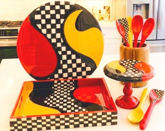 Checkered Symphony-Hand-painted decorative serving set.