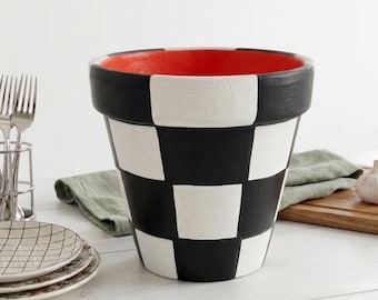 Hollywood Checkered black and white w/ red interior Terra Cotta Planter 5.5 inches-Indoor Decor