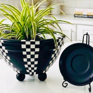 Classic Collection- Black and White Checkered/Striped Planter Bowl-Indoor Decor (Hand-Painted)
