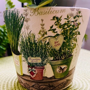 Hand Crafted Decoupage Herb Garden Designed Planter| Indoor Planter  | Gift Ideas | Terracotta Planter | Hand Painted Décor | Clay Pla