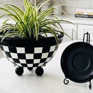Classic Collection- Black and White Checkered Planter Bowl-Indoor Decor (Hand-Painted)