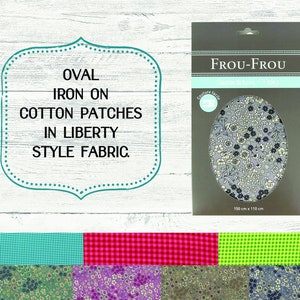 May include: A set of four oval iron-on patches in a floral pattern. The patches are made of cotton fabric in a Liberty style. The patches are 150 cm x 110 cm.