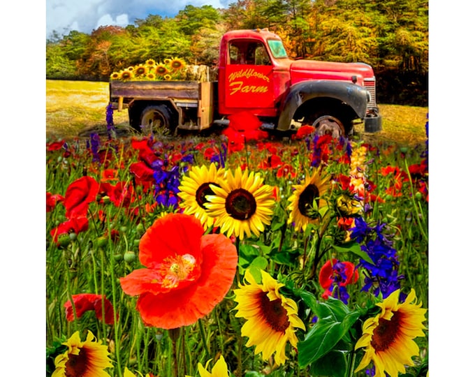 From the Field Wildflower Red Truck Farm Fabric Panel // Four Seasons AL-4475-0C-1