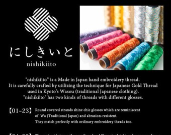 May include: A chart of 33 different colors of embroidery thread, each with a different material composition. The chart includes the color number, material composition, and a small sample of the thread. The text "nishikiito" is at the top of the chart, and the text "Made in Japan hand embroidery thread" is below it.
