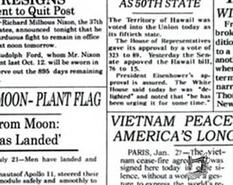 May include: A black and white newspaper clipping with the headline "HAWAII VOTED INTO UNION AS 50TH STATE". The article discusses the territory of Hawaii being voted into the Union as the 50th state. The article also mentions President Eisenhower's approval of the bill.