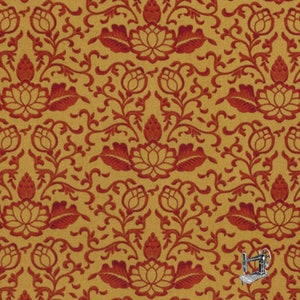 May include: A repeating pattern of red floral designs on a gold background. The pattern features stylized flowers, leaves, and vines.