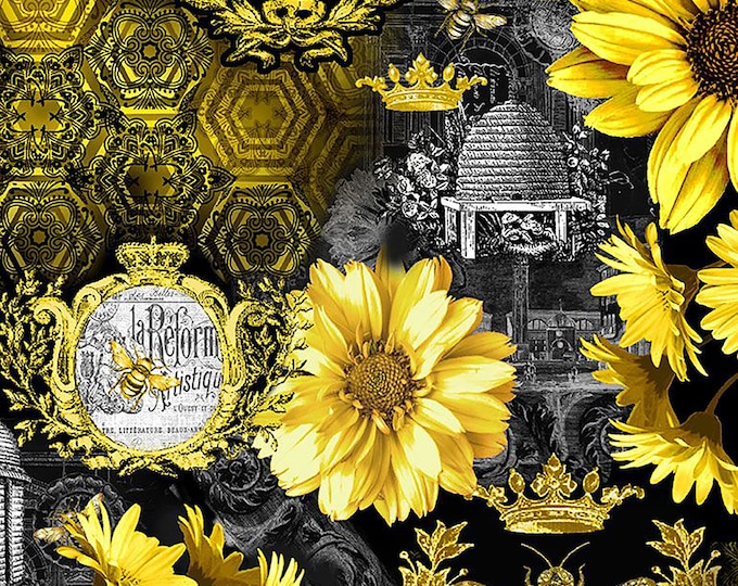 Queen Bee Sunflower Allover Fabric // Timeless Treasures BEE-CD1351 Black by the HALF YARD