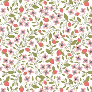 Daisy Mae Berry Blossoms Fabric White // Poppie Cotton POCDM20118 by the Half Yard
