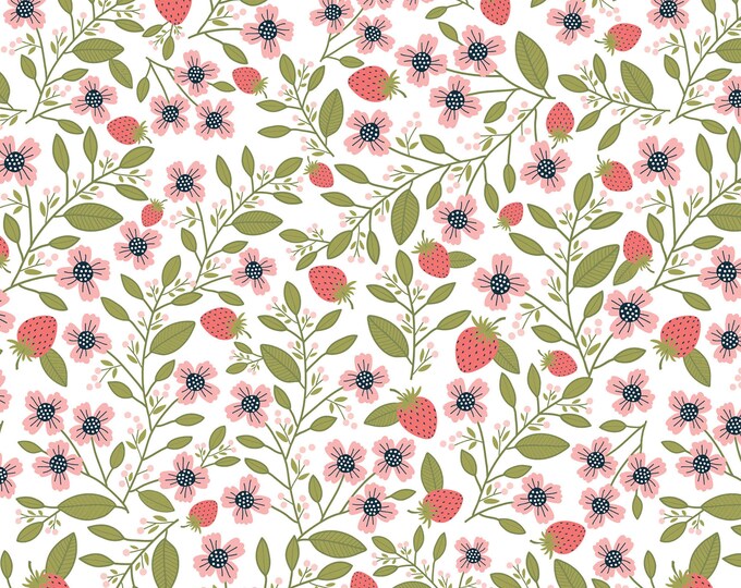 Daisy Mae Berry Blossoms Fabric White // Poppie Cotton POCDM20118 by the Half Yard