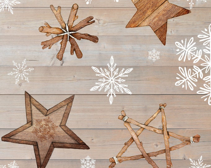 Warm Winter Wishes Wood Grain with Snowflakes & Stars Fabric // StudioE 5875-33 by the Half Yard